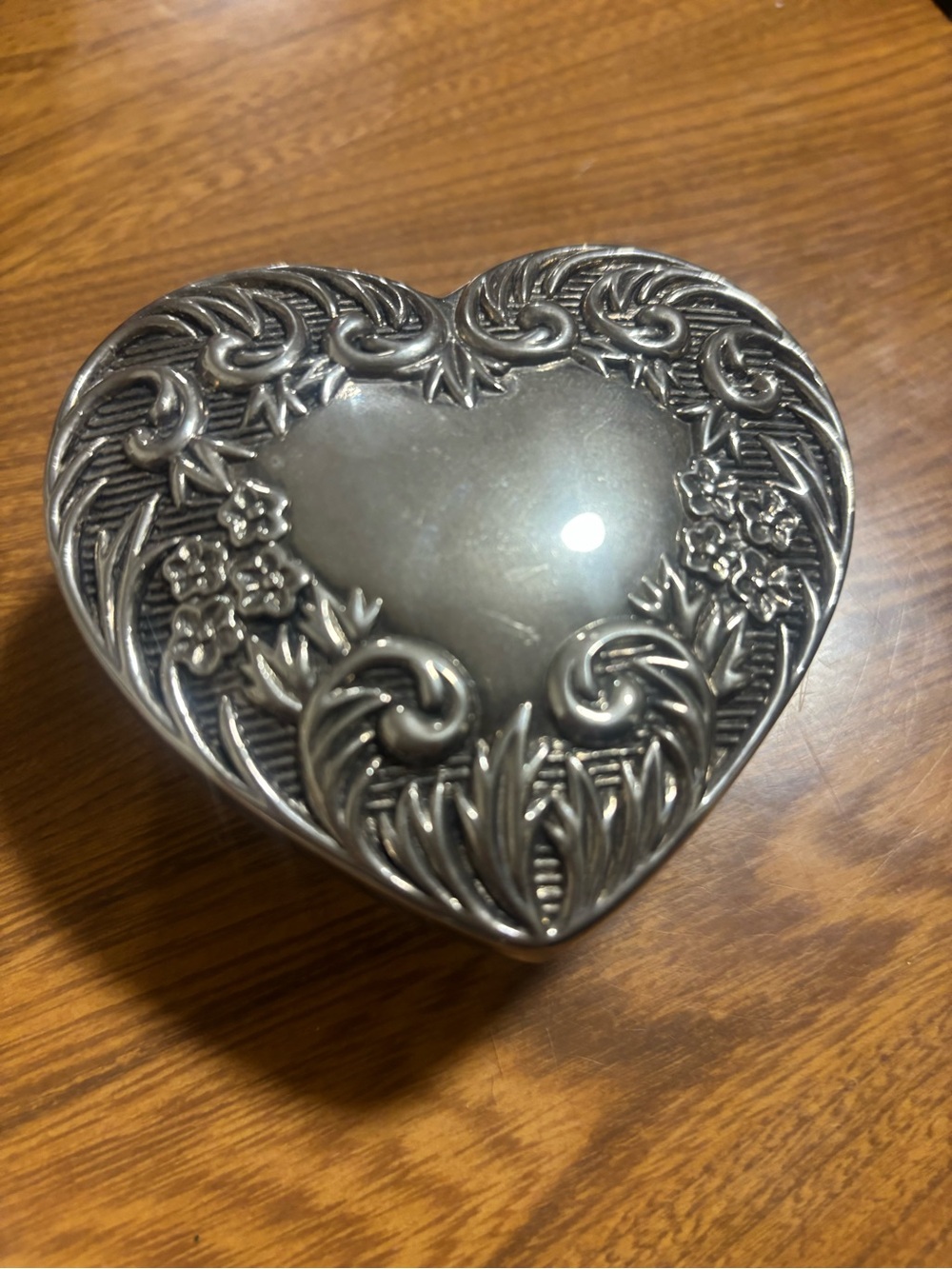 Vintage Heart Shaped Glass Trinket Box with Ornate Silver Tone Floral Lid